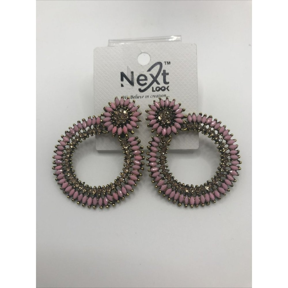 Pink KUNDAN JHUMKA BIG ROUND BOLLYWOOD GOLD TONE CRYSTALS EARRINGS‎